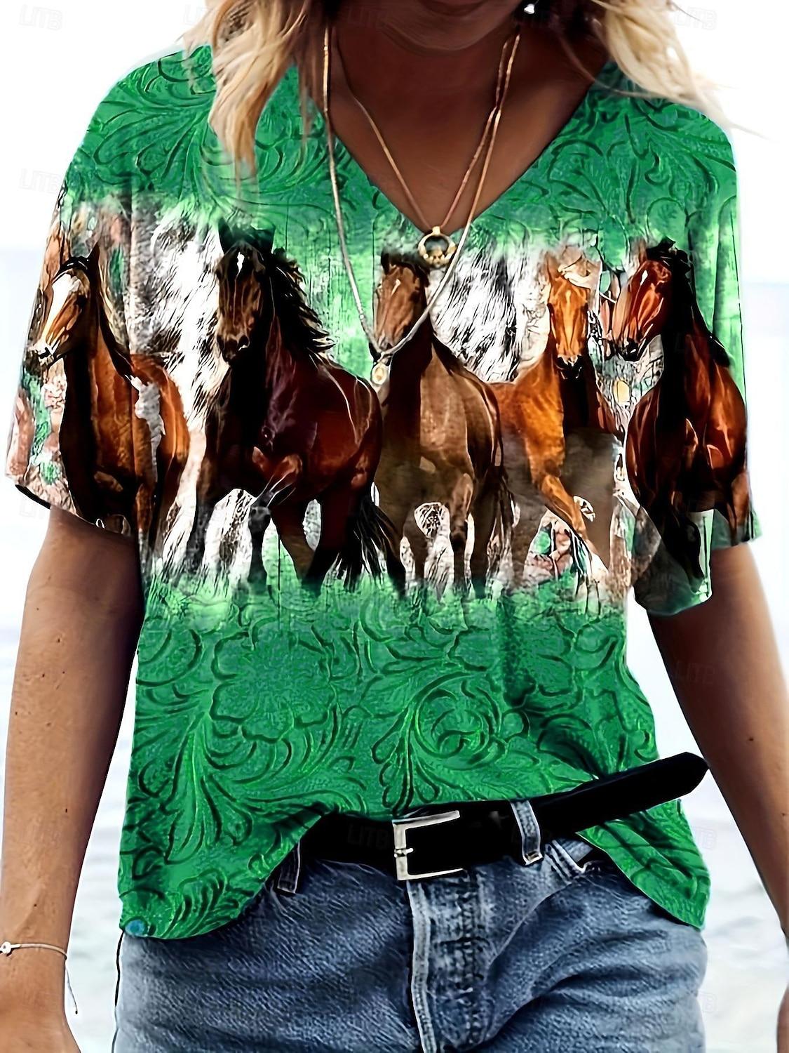

Women s T Shirt Casual Horse Print Short Sleeve Regular Tops V Neck Daily Blue Purple Green Summer 2XL