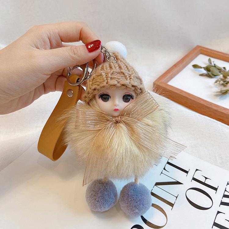 Pompom Sleeping Doll Keychain Cute Fluffy Plush Doll Keychains Women Girl Bags Keyrings Cars Key Ring Gift Charming Decoration