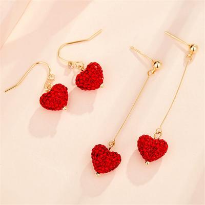 1 Pair Women Hook Earrings Artificial Crystal Red Heart Glitter Pendant Dangle Earrings Jewelry Gift