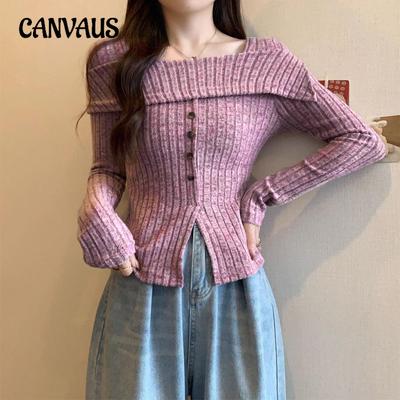 Frühlings Damen Quadratischer Ausschnitt Langarm Einfarbig Strick Einreihige Bluse