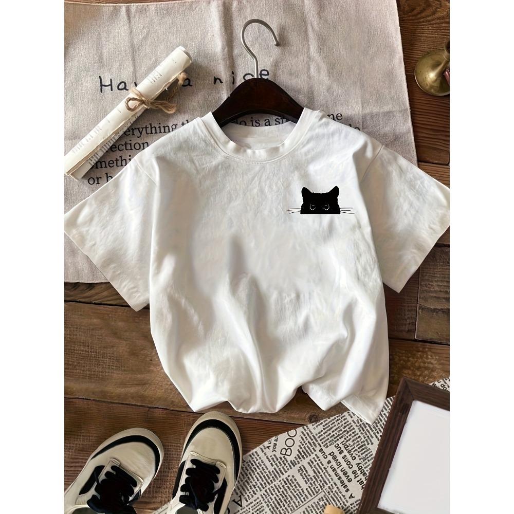 

Cat Print Crew Neck T-Shirt Casual Short Sleeve T-Shirt For Spring & Summer Women s Clothing M