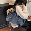 Large Capacity 2026 Spring Rivet Denim Tote Bag - Trendy Ins Style, Single Shoulder & Crossbody Bag for Women