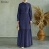 Women Turn Down Collar Long Sleeve Casual Muslim Long Dress