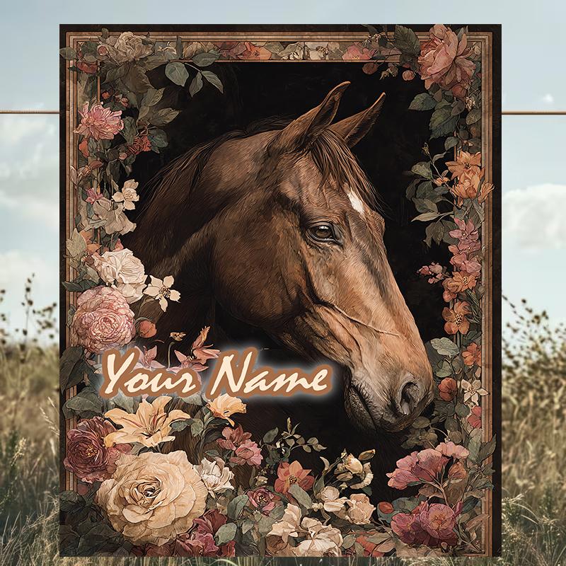 1PC Custom Name Horse Portrait Flowers Outdooor Flannel Blankets Patterns Throw Blanket All-Season Soft Gift for Couch, Bed, Camping Gifts