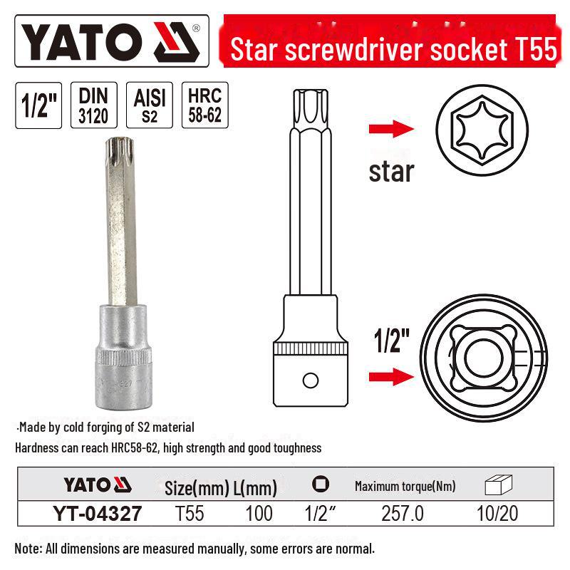 YATO 1/2" Star Screwdriver Socket Set, Chrome Vanadium Steel, S2 Head