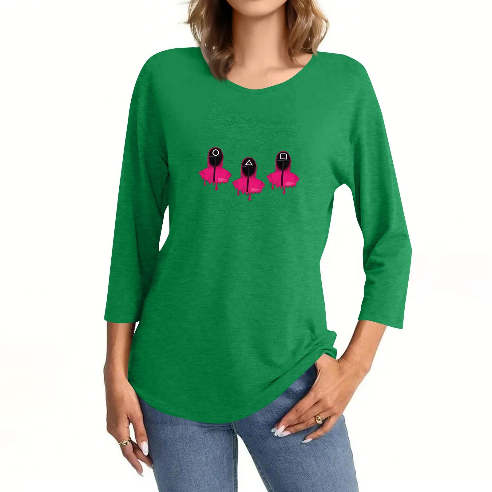 

Жіночий модний повсякденний топ із круглим вирізом із принтом із рукавом у сім точок L зелений