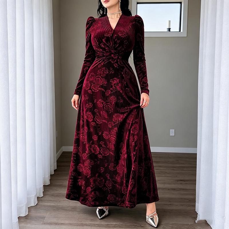 Plus Size Women Spring Autumn Long Sleeve Velvet Maxi Dress V Neck Twist Waist A Line Formal Gown
