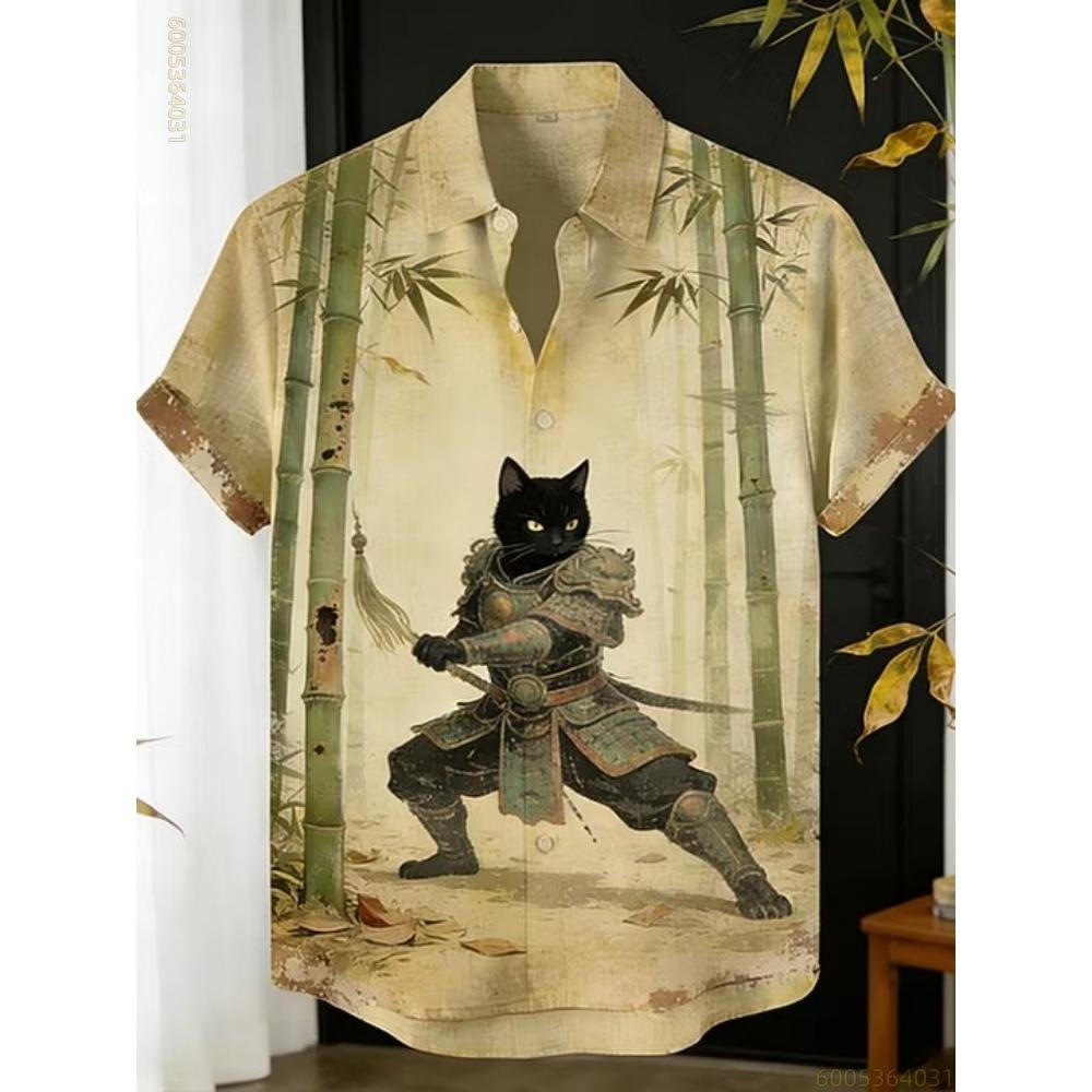 Men's Shirt Fashion Cat Print Short Sleeved Shirt Outdoor Beach Loose Casual Hawaiian Shirt Comfortable Fabric