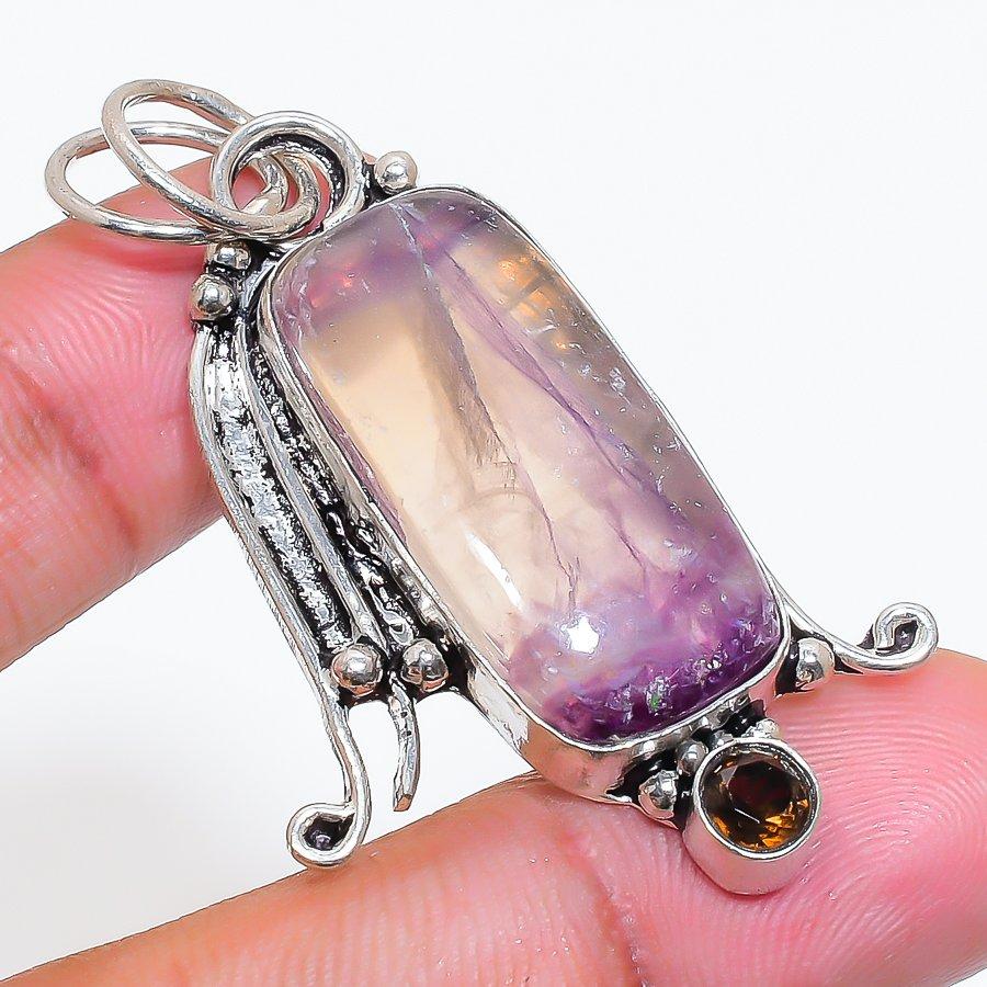 Natural Fluorite, Topaz Gemstone 925 Sterling Silver Jewelry Pendant 2.13" ZS-728