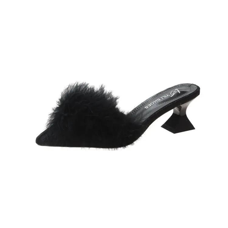 Women's Half Slippers New Summer Sexy Pointed Temperament High-heeled Slippers Female Fashion Furry High Heels Solid Slides2025