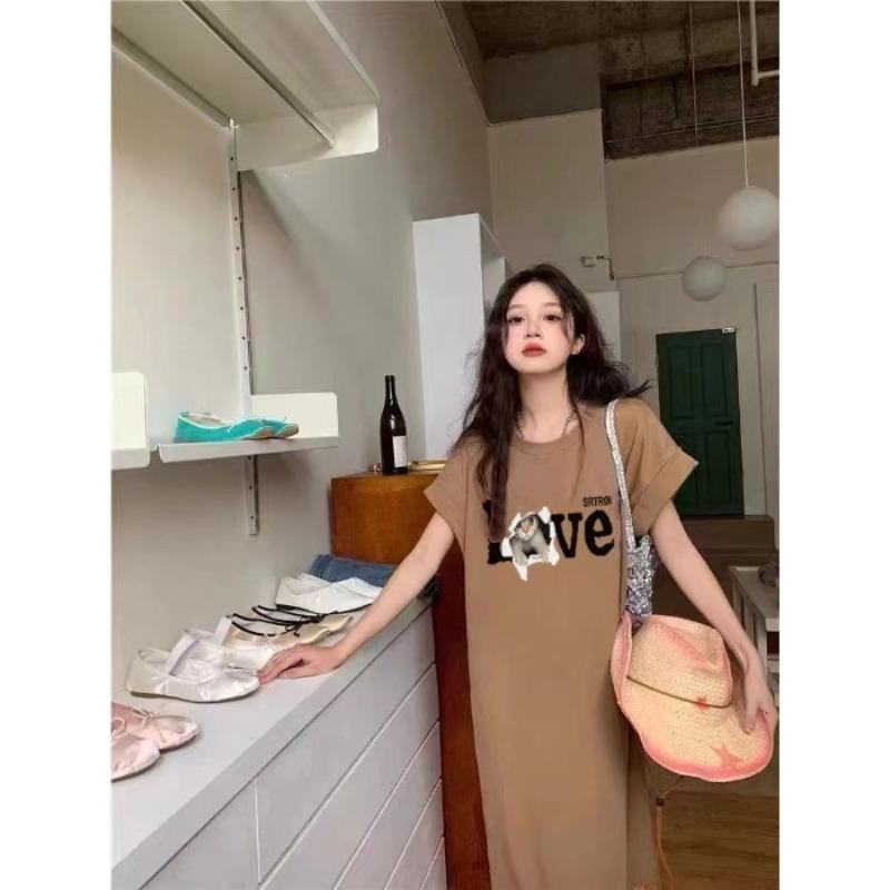 T-shirt Loose Casual Oversized Dress with A Slit At The Hem and A Long Skirt Design