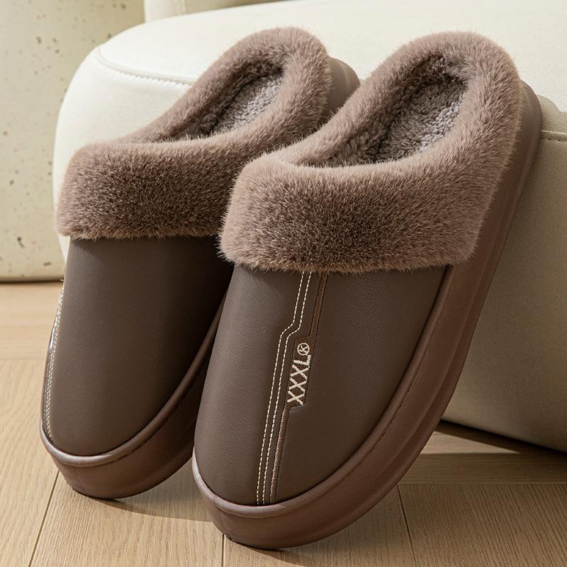Winter extra large size cotton slippers PU leather slippers waterproof thick-soled home indoor non-slip warm shoes