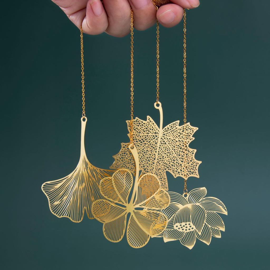 Vynikající duté kovové záložky Zlatá barva Leaf Vein Lotus Shape Book Marks with Tassel Psací potřeby Studentské potřeby pro čtení