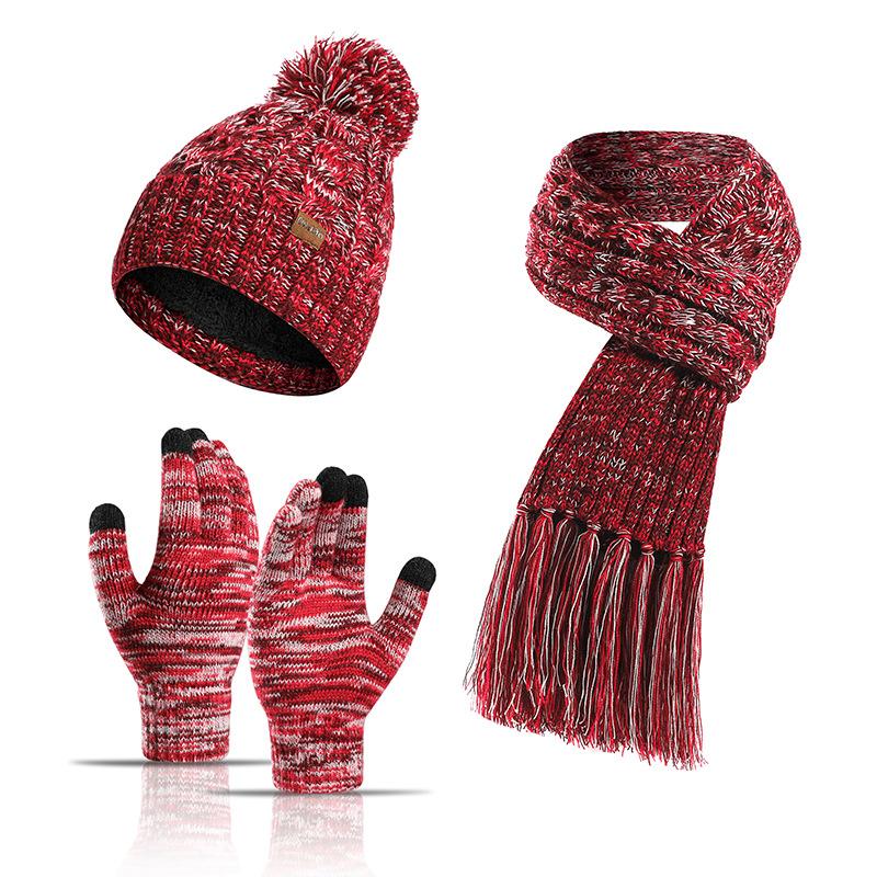 Winter Hat New Style Knitted Wool Colorful Hat Thick Scarf Gloves Three-piece Set