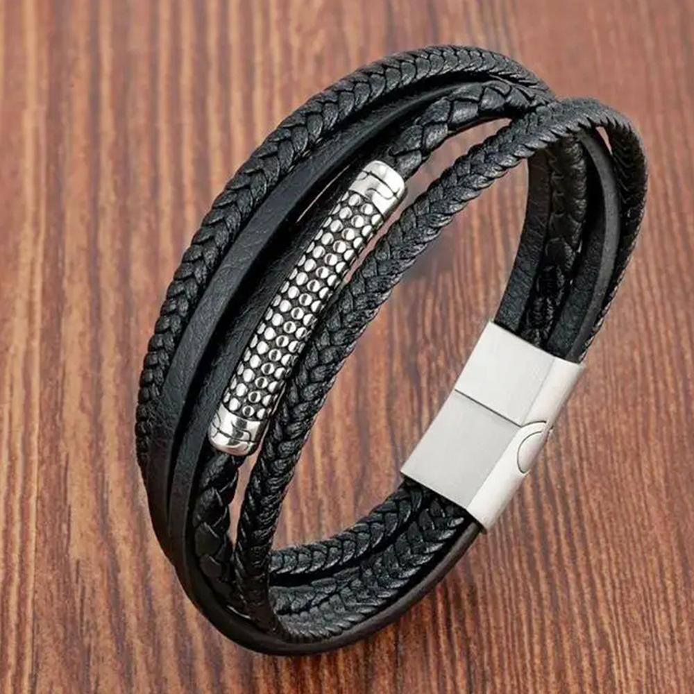 Черный Кожаный Шнур Коровья Кожа Мужской Двухслойный Натуральная Кожа Плетеный Браслет Ручной Работы Многослойный Кожаный Браслет 2026 21CM