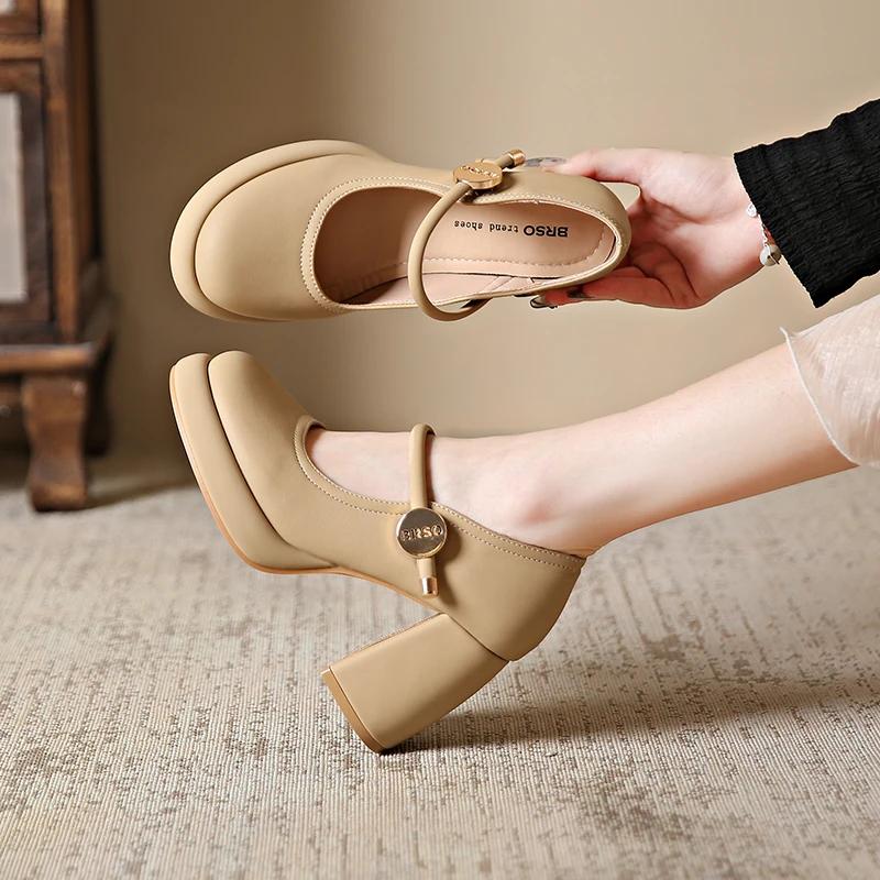 Fashion 2025 Leather 8cm High Heels Mary Janes Round Toe Platform Women Shoes Elegant Pumps Plus Size 43 Tacones Para Mujer