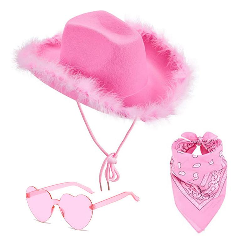 Denim Hat Set With Pink Frayed Crown And Glitter Sequins For Party Costumes