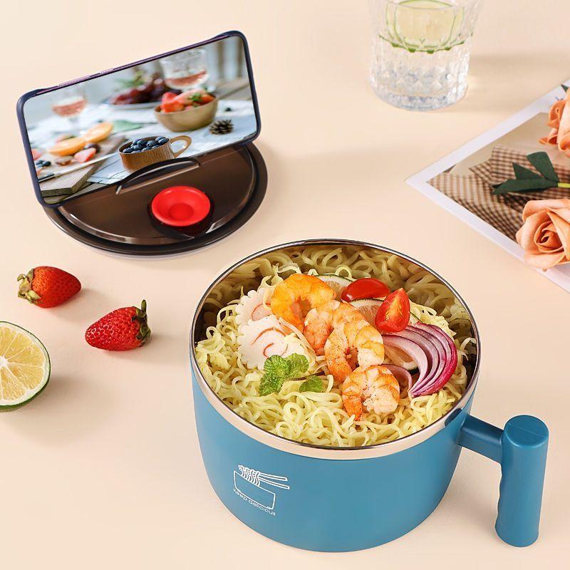 Stainless Steel Noodle Bowl with Lid, Large Drainable Soup Bowl, Easy to Wash Ramen Bowl with Drain Hole and Spoon for Dormitory