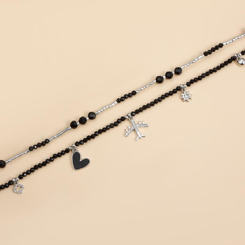 Gothic Plane Pendant Necklace Layer Black Beaded Charm Spikes Necklaces Crystals Cubic Zirconia Faith Jewelry for Women