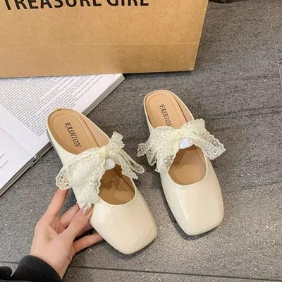 Chaussures niche à bout carré et semelle plate pour femmes, printemps nouveau Lori avec nœud en dentelle, pantoufles à tête de sac pour femmes