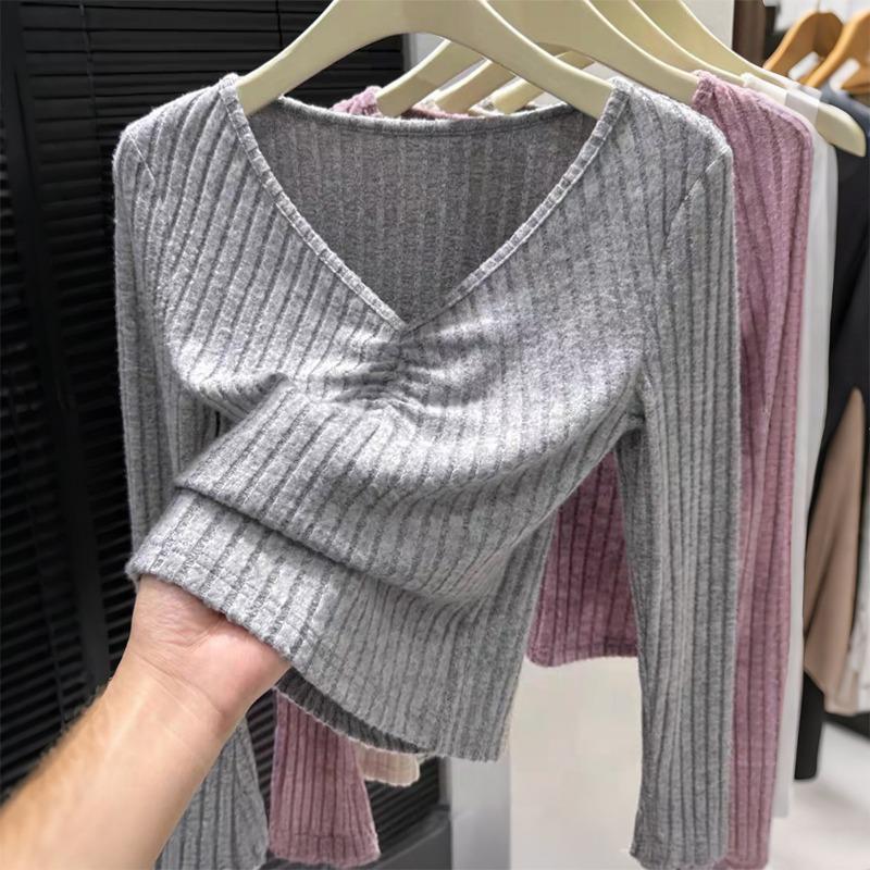 Fashionable Simple Style Long-sleeved Base Shirt T-shirt Women's 2025 Autumn and Winter V-neck Versatile Solid Color Pullover