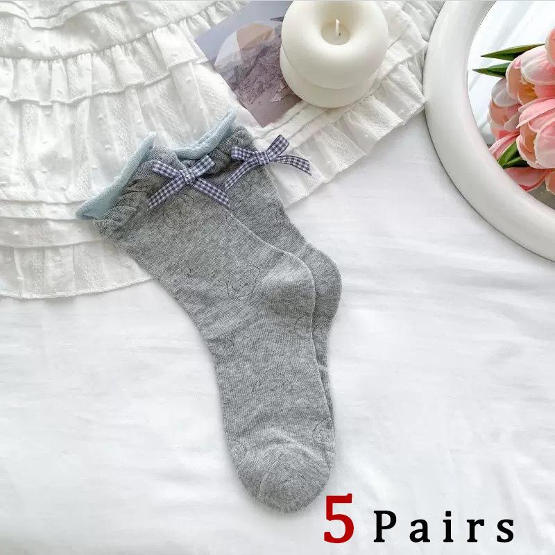 Botvotee 5 Pairs Women Bow Dog Mesh Mid Tube Socks Summer Lightweight Breathable Fashionable Wavy Edge Ballet Style Casual Socks One Size