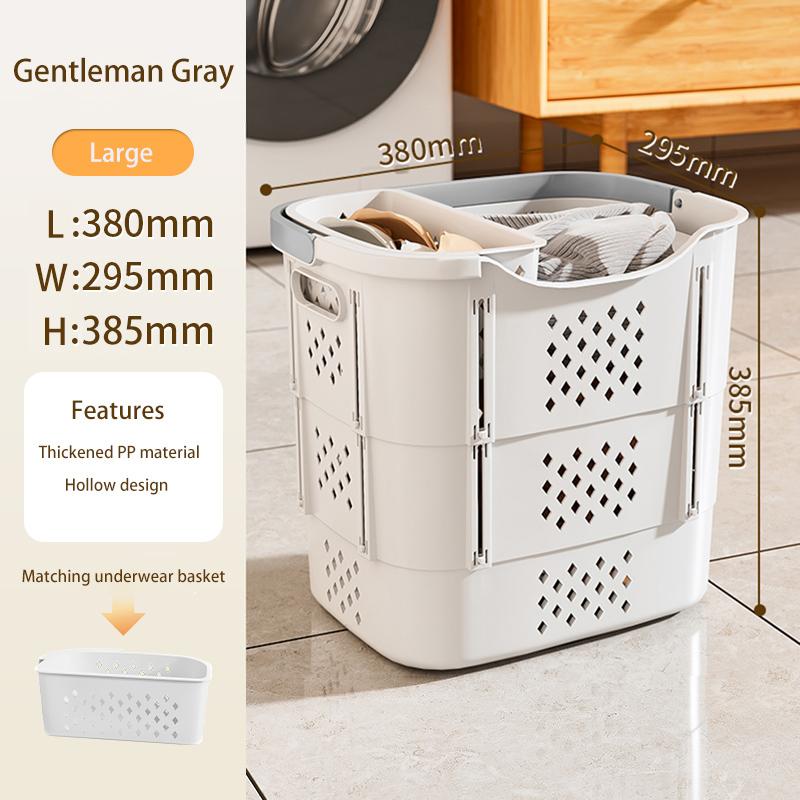 Collapsible Plastic Laundry Basket with Handles and Side Containers - Space-Saving Laundry Basket for Laundry Rooms, Bathrooms,