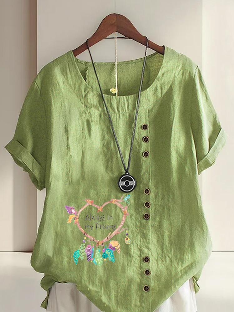 

Women s Fashion Feather Print Round Neck Short Sleeve T-shirt Casual Cotton Linen Graphic Shirt Leisure Loose Summer Blouse Tops 5XL зелений