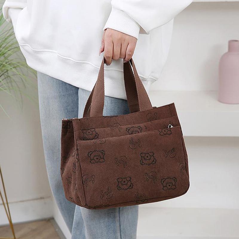 Cute Cartoon Printed Corduroy Versatile Handbag Office Worker Lunch Bento Tote Bag