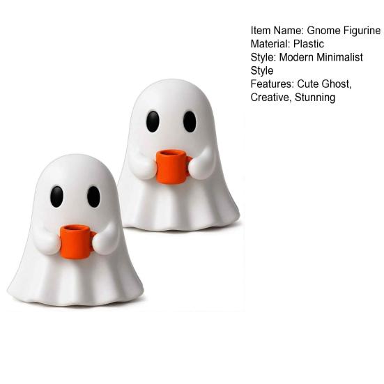 Whimsical Gnome Decor Ghost Drinking Coffee Figurine, Cute White Holding Orange Mug Statue, Spooky Charming Desktop Figurine Set Halloween Bar