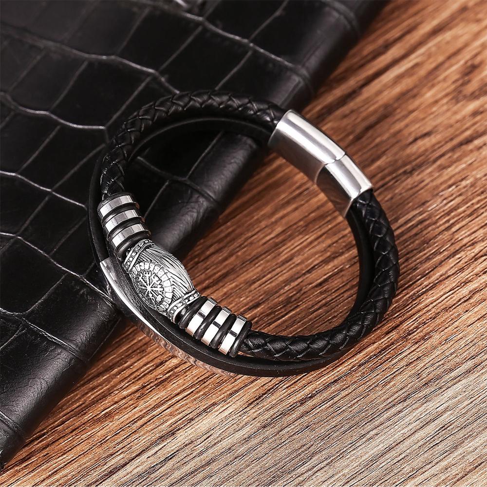 Viking Rune Compass Multi-layer Leather Bracelets Mens Stainless Steel Magnet Clasp Wristband Vintage Norse Male Amulet Jewelry