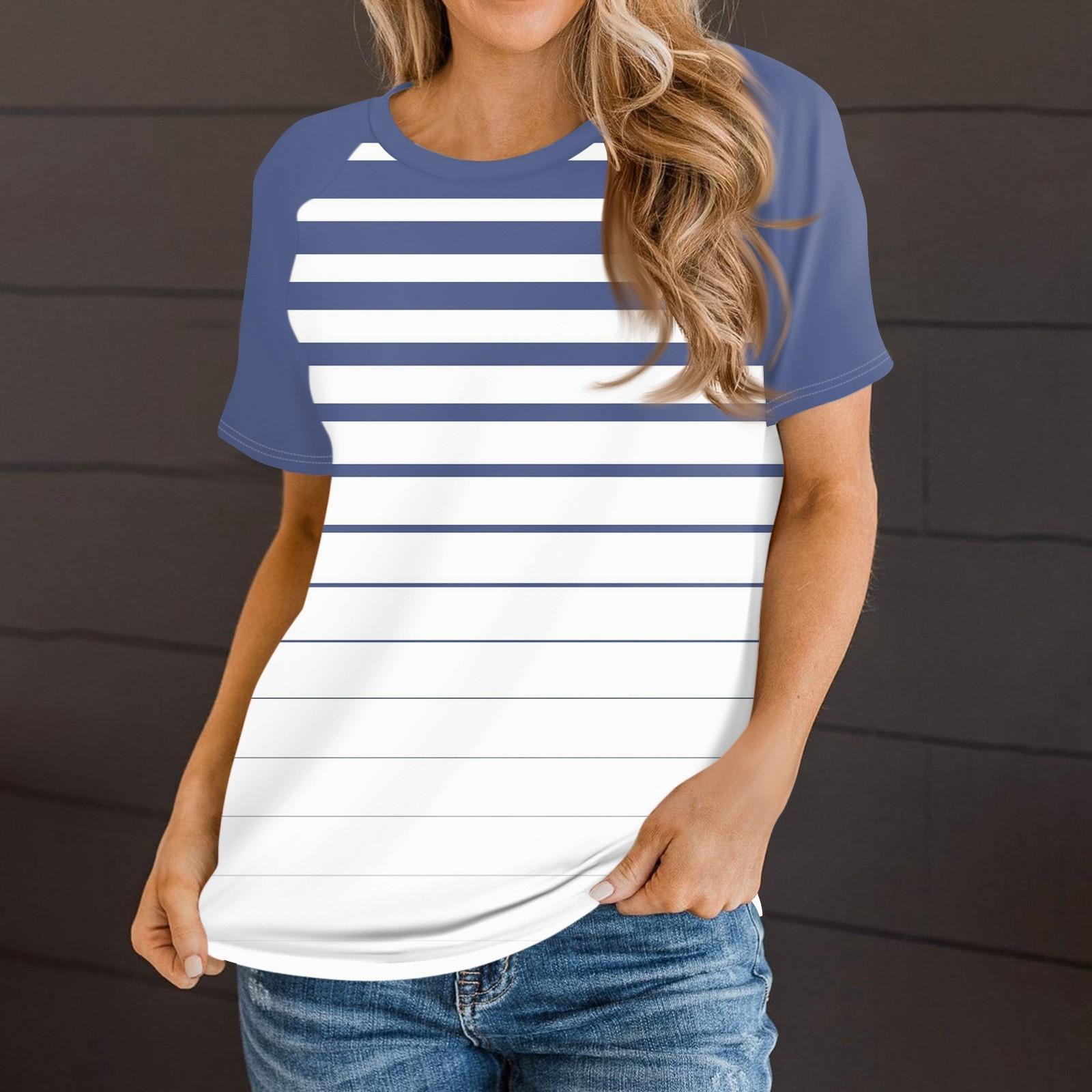 

Женская летняя повседневная полосатая градиентная футболка с круглым вырезом и рукавом реглан с коротким рукавом L синий