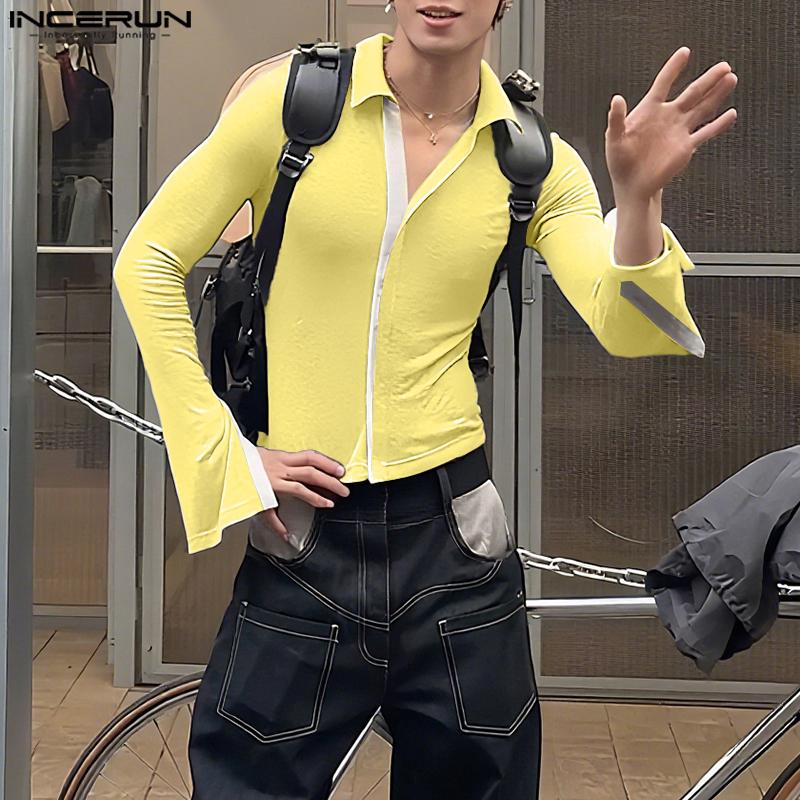 INCERUN Men Lapel Neck Long Sleeve Stitching Slightly Casual Fitted Cropped Tops Undershirts