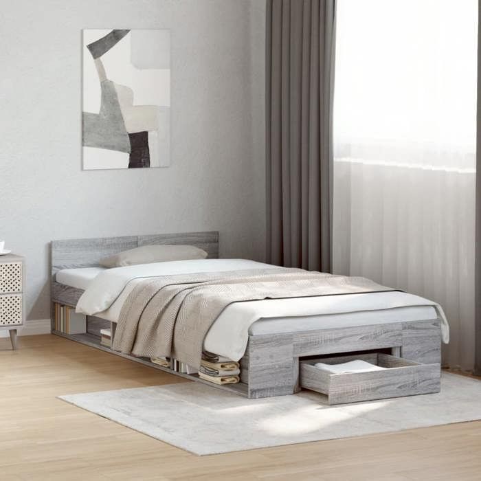 VidaXL Cadre de lit et tiroir sonoma gris 90x200 cm bois d'ingénierie, lit, lit de rangement, cadre de lit simple, lit 3280802