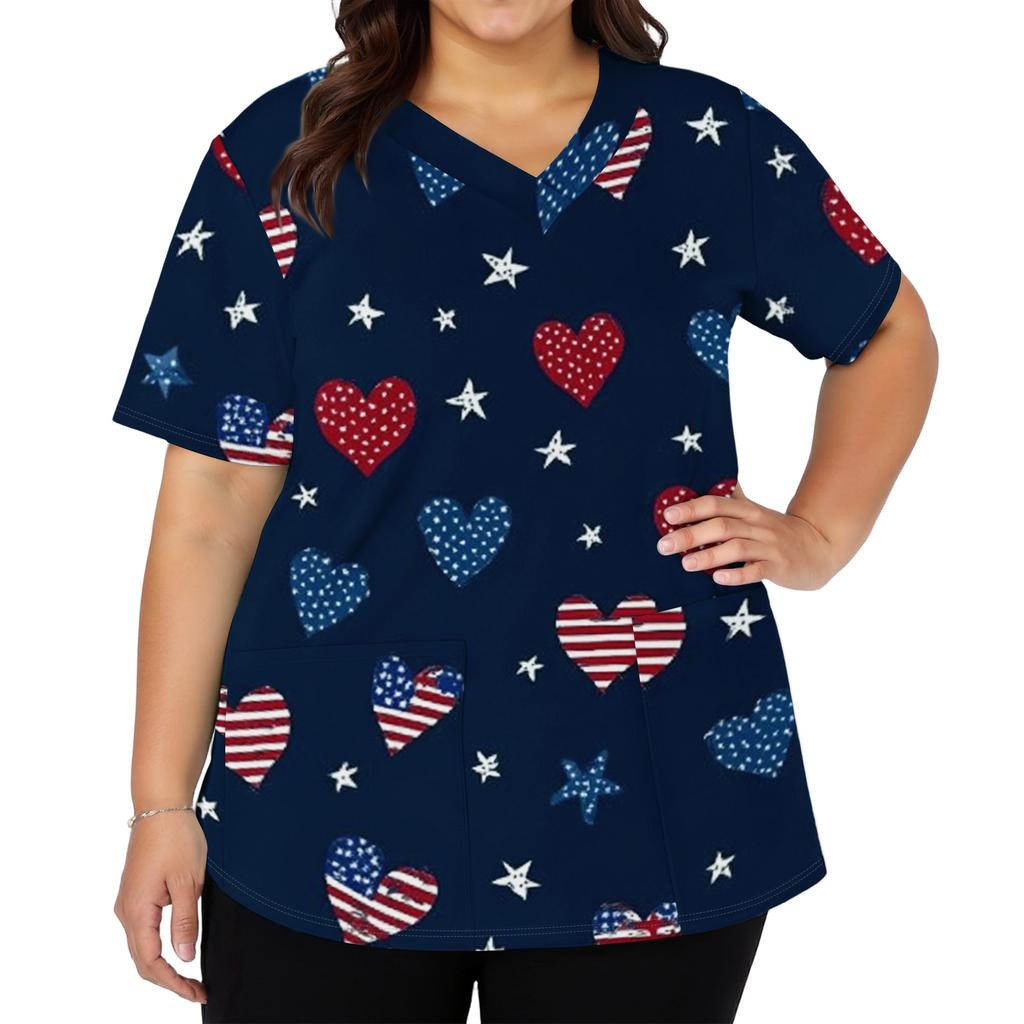 Women's Fashionable Casual Independence Day American Flag And Stars Print V-neck Short-Sleeved Work Shirt With Double Side Slits And Pockets
