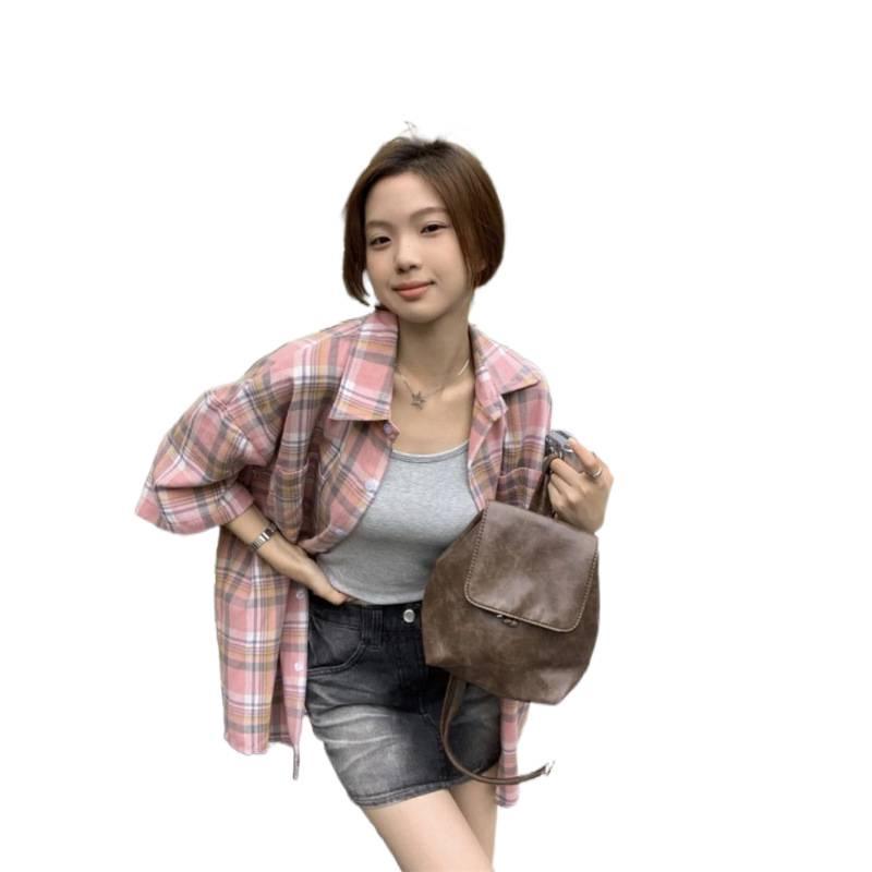 Koreanisches Hip Hop Retro Karo Oversized Kurzarmhemd für Damen