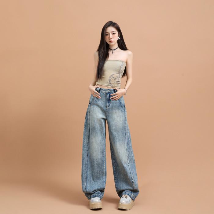 Vår Amerikansk Stil Parisblå Bambuknutmönster Nischdesignkänsla Sabelsbyxor Jeans Dam Slim Vida Ben