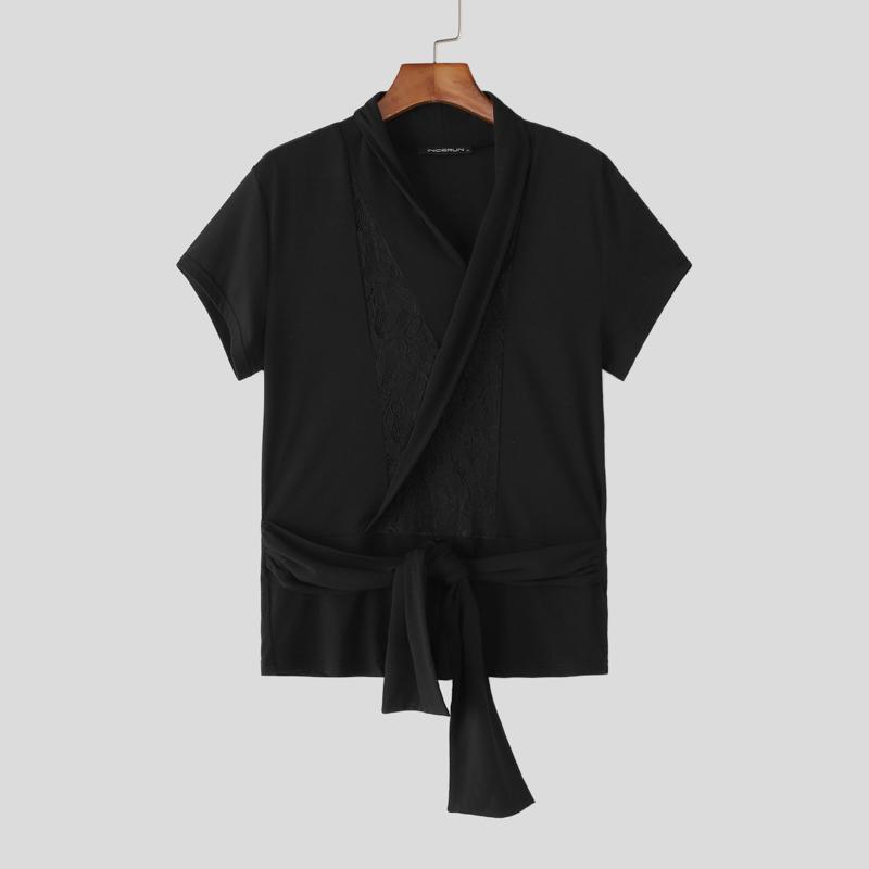 

INCERUN Мужские топы и футболки с лацканами, V-образным вырезом, кружевной вставкой, перекрестной шнуровкой спереди, повседневные 3XL чёрный