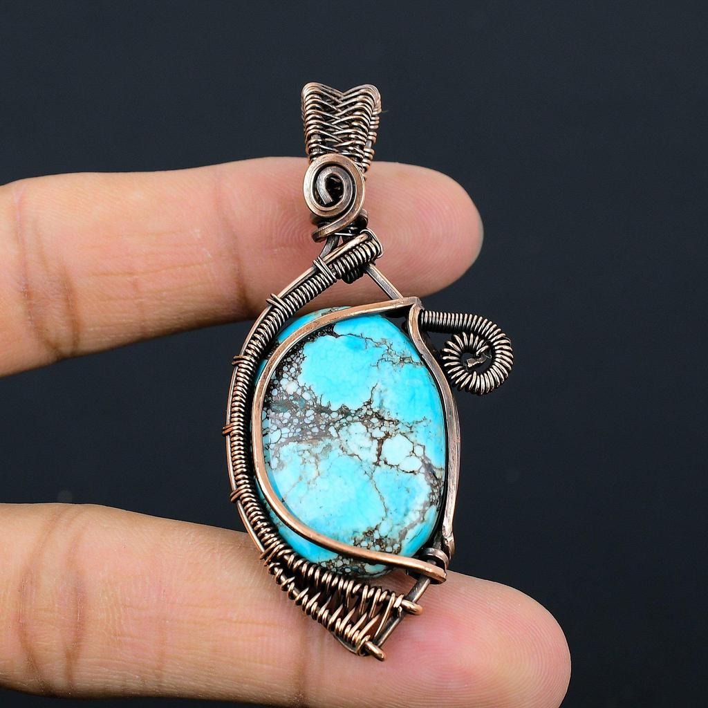 Tibetan Turquoise Gemstone Copper Wire Wrap Pendant Jewelry Gift For Love