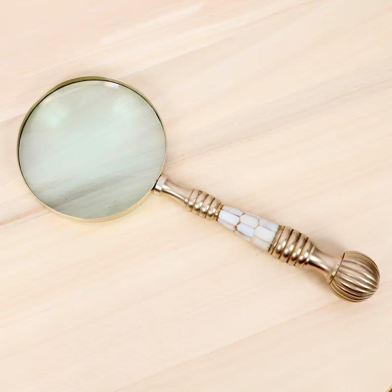 Total Length, Collectible Desk - Vintage Brass Magnifying Glass with Mother of Pearl Inlay Handle