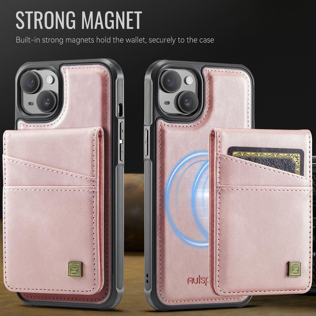 For iPhone 15 Plus Case AUTSPACE A12 Leather Phone Case with Detachable Card Bag