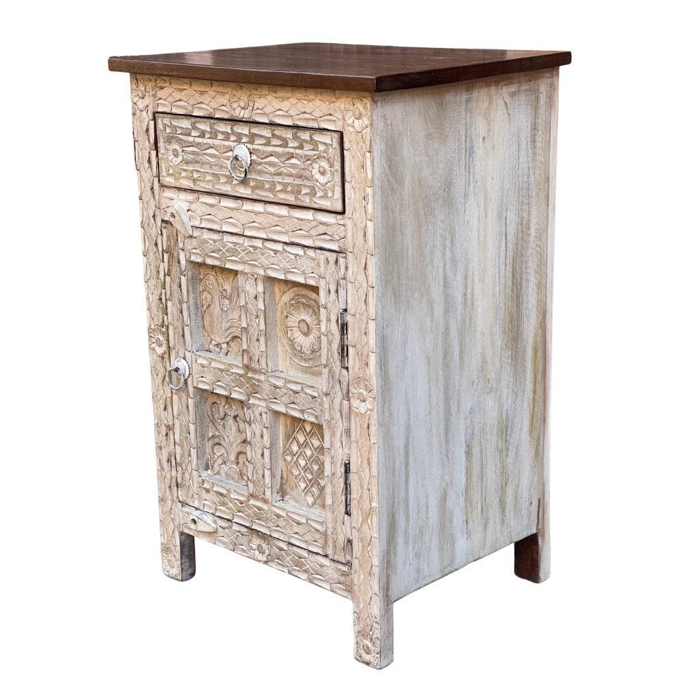 Wood Carved Side Cabinet Bedside Storage With Desk Drawer,Living Room End Table Furniture-Sideboard Drawer-Wood Cupboard Nightstand