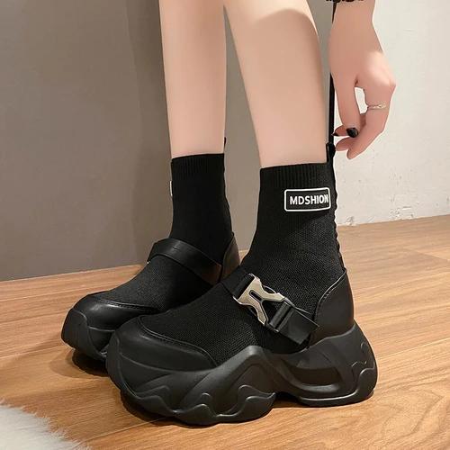 fashion Thick-soled Heightening Marton Boots for Women 2024 Autumn New Platform Casual Elastic Socks High-heeled Mid-calf Short Boots