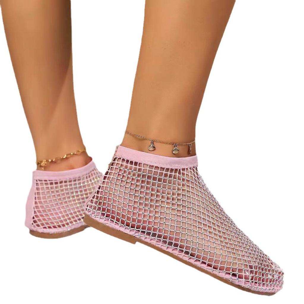 Summer Round Toe Sandals Short Boots Red Mesh Diamond Sexy Cross-Border Plus Size Flat Shoes