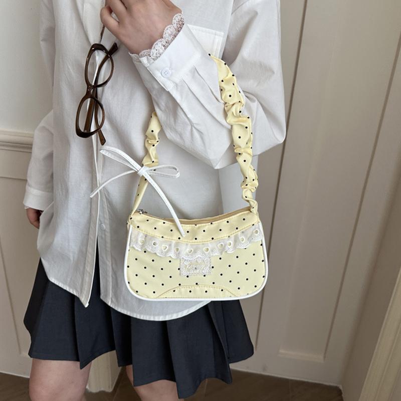 Lace Polka Dot Shoulder Bag Stretchable Strap Large Capacity Pleated Underarm Bag Multi-Color French Stick Handbag Purse