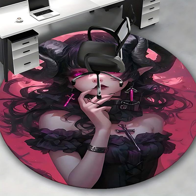 1pc Gothic Devil Girl Round Carpet Anime Design Office Chair Mat, Anti Slip Rug for Home Decor, Living Room, Bedroom, Game Room, Festival Gift