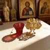 Gold Plated Orthodox Catholic Vigil Lamp with Cross Carvings and Red Glass Cup for Church Liturgy Home Altar Devotion Christian