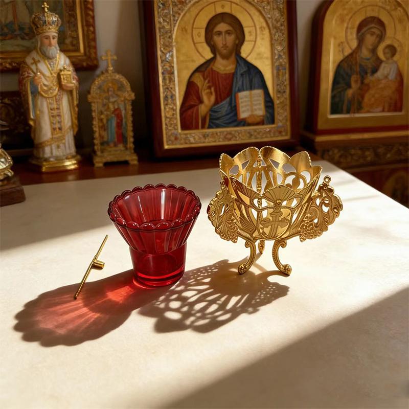 Gold Plated Orthodox Catholic Vigil Lamp with Cross Carvings and Red Glass Cup for Church Liturgy Home Altar Devotion Christian