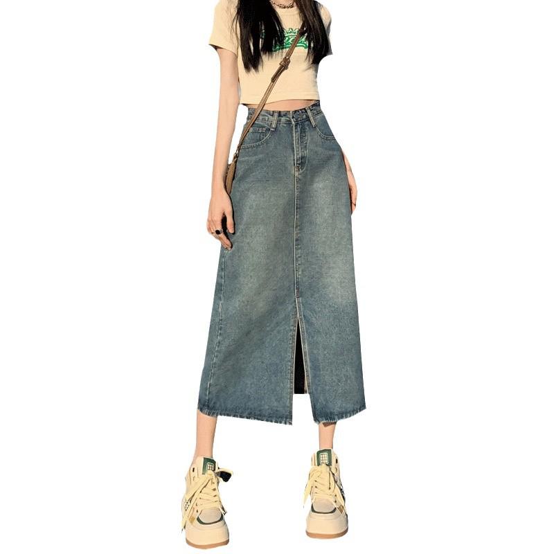 Women's High Waist Denim A-Line Skirt - Retro Loose Mid-Length for Autumn 2024