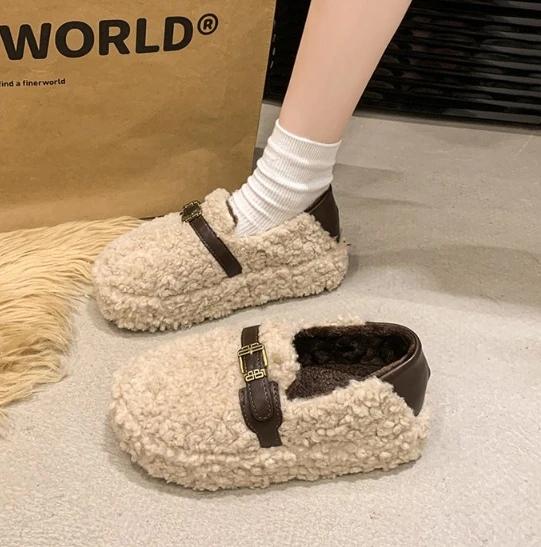 Fashion Luxury Sheep Fur Lined Loafers Women Lambswool Shoes Ladies Winter Slip On Furry Flats Cotton Wool Mocasine Femme Barefoot Boots